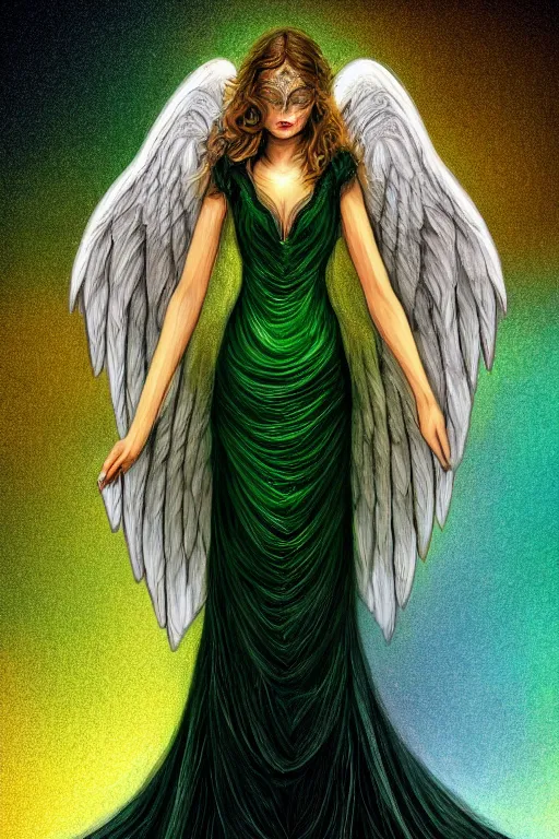 Image similar to a magic the gattering illustration of a woman angel , fantasy, gradient black green gold, dreamy and ethereal, green eyes, golden ratio, peaceful expression, ornate frilly dress, fantasy, intricate, elegant, rainbow splash of ink, highly detailed, digital painting, artstation, concept art, smooth,b sharp focus, illustration, art by scott fisher