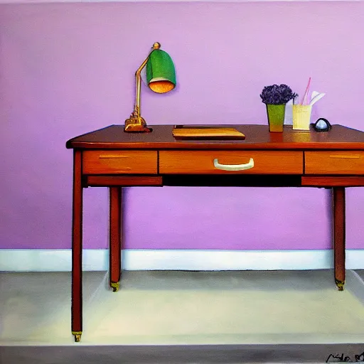 Image similar to realistic panting of a desk on a purple field