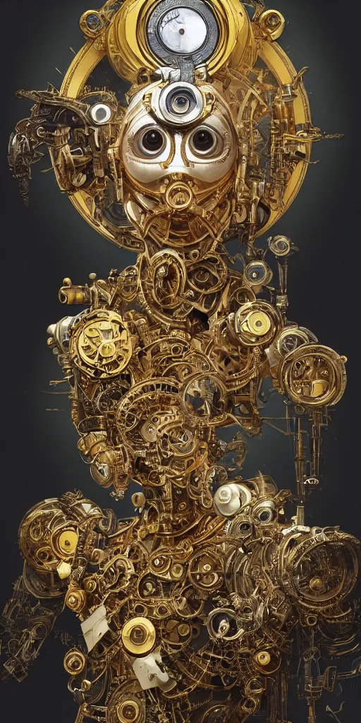 Prompt: ultra realistic illustration, robot marionette character made of clockwork parts of gold and brass, staring directly into camera, ornate, engraved, intricate, elegant, highly detailed, digital painting, artstation, concept art, smooth, sharp focus, illustration, art by michael kutsche, peter mohrbacher, alphonse mucha, artgerm and greg rutkowski