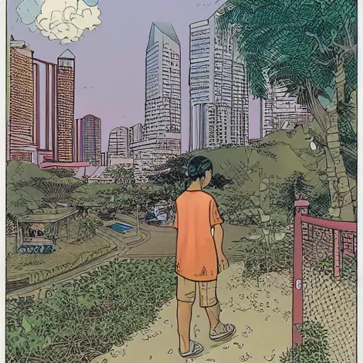 Image similar to snapshot of a person in a singaporean neighbourhood, by moebius