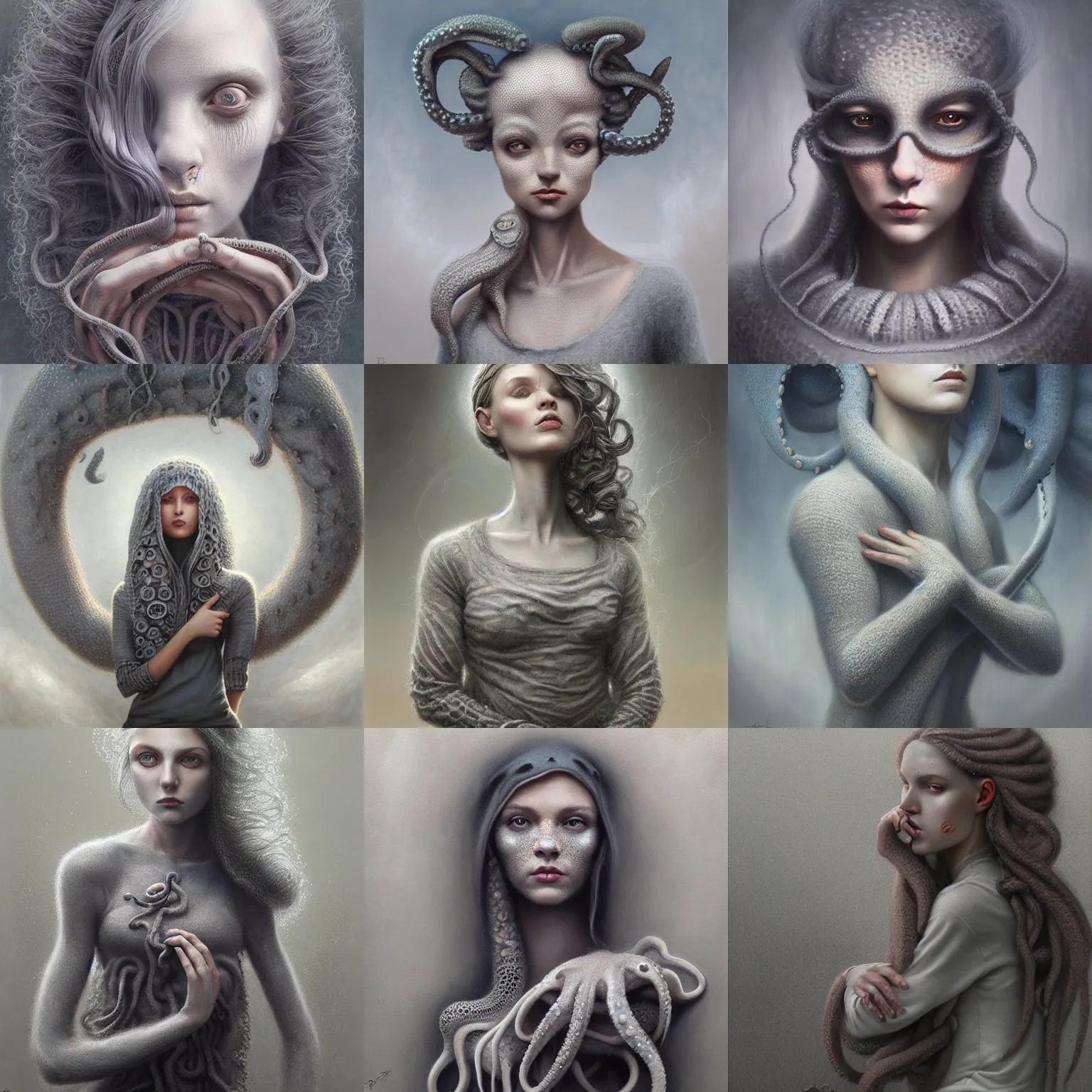 Prompt: Girl with gray octopus for hair in grey knitted sweater ,ultra detailed, by Tomasz Alen Kopera and Peter Mohrbacher