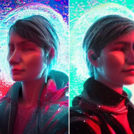 Image similar to human portrait formed out of rain, beautiful, neon, epic detail, galactic background, rendered in octane, unreal engine, realistic