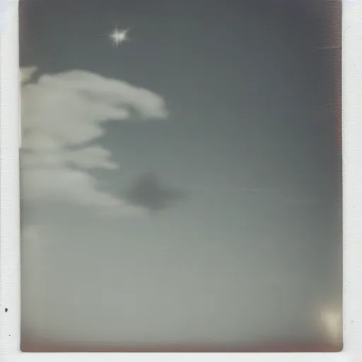 Prompt: an aged polaroid photo of a young woman seen from behind, night, the galaxy is visible in the sky, detailed clouds, warm azure and red tones, film grain, color bleed