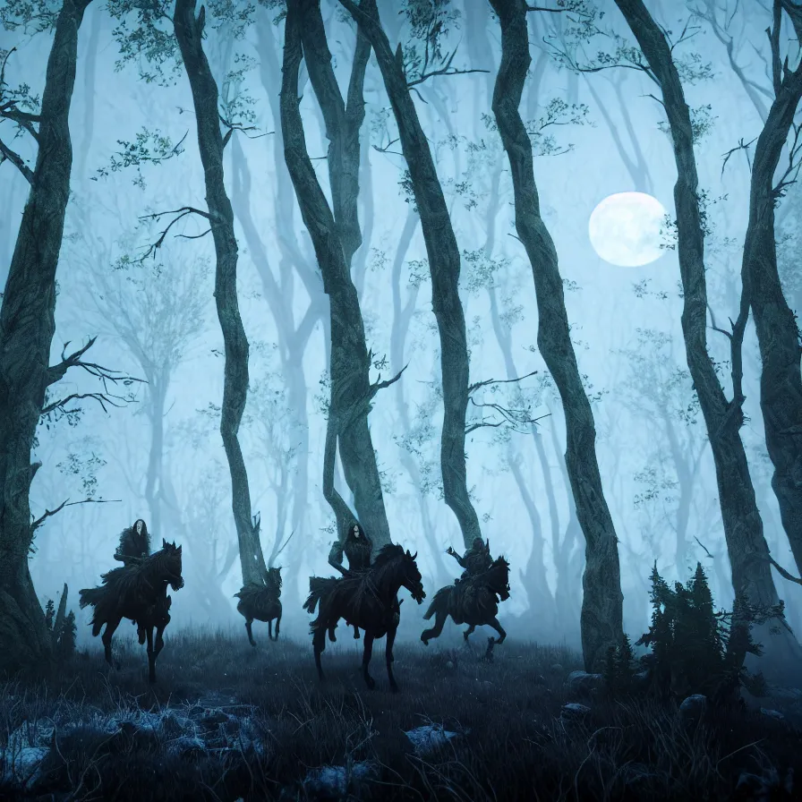 Image similar to the wild hunt, ghost riders, spectral skeletal shadowy creatures, full moon, lurking enchanted woods, blizzard, fog, treacherous road, uneasy atmosphere, cinematic, the witcher, arnold gpu + octane workflow, 8 k, unreal 5, realistic, intricate digital art, volumetric lighting, trending artstation, dark fantasy