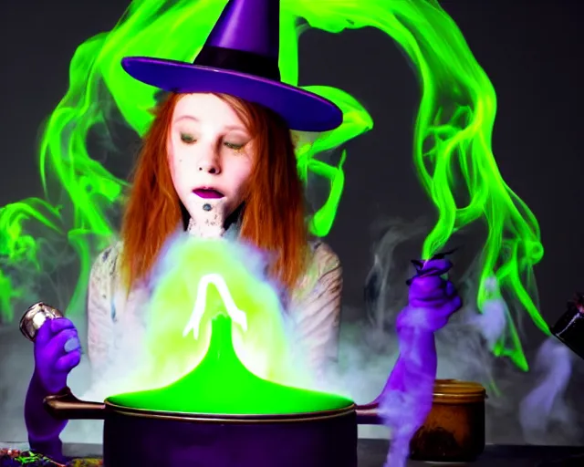 Image similar to close up portrait, scared teen witch mixing a spell in a cauldron, a cat is on the table, wispy green and purple smoke fills the air, a witch hat, cinematic, green glowing smoke is coming out of the cauldron, strange ingredients on the table, strange apothecary shelves in the background, scary stories to tell in the dark