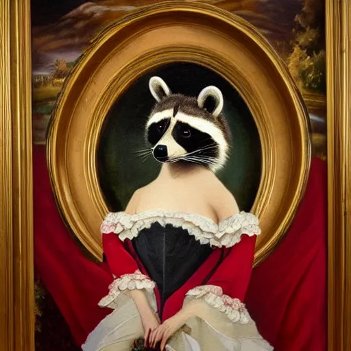 Image similar to a majestic oil painting of a raccoon queen wearing red french royal gown. the painting is hanging on an ornate wall decorated with wallpaper.