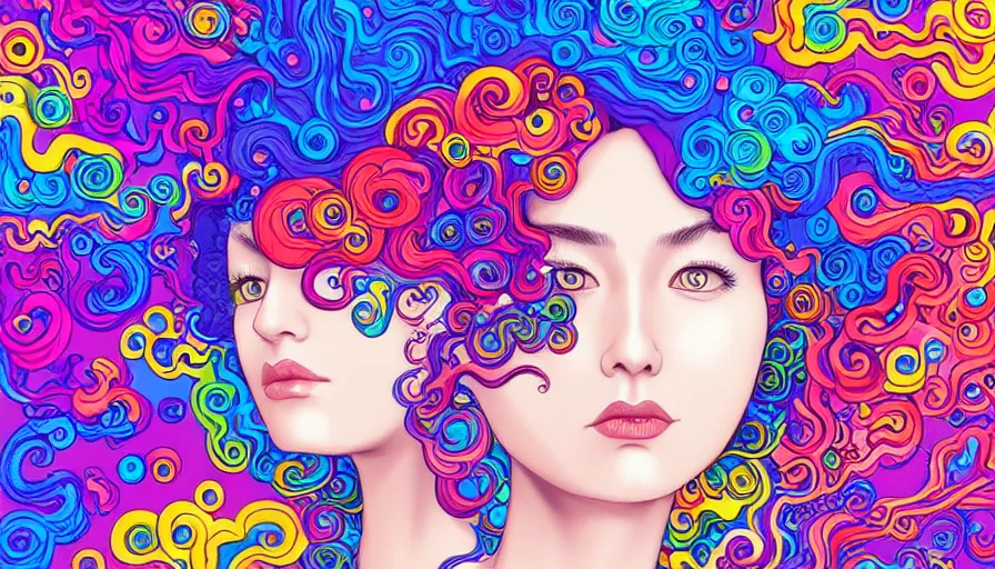 Image similar to a digital painting of a woman with colorful hair made of curly liquid and bubbles, intricate mechanical details, futuristic, a pop art painting by tomokazu matsuyama, behance contest winner, psychedelic art, psychedelic, 2 d, digital illustration, trending on artstation, anime stylized, accurate fictional proportions, high delicate defined details, ethereal lighting