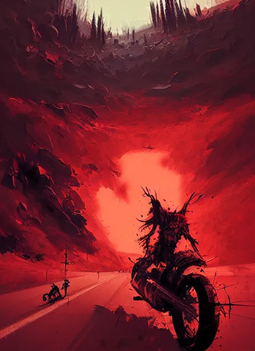 Image similar to horror art, motorbikers fight in hell, red peaks in the background, art by ismail inceoglu