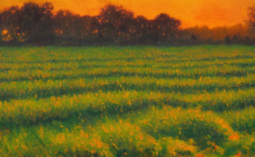 Image similar to rows of an orchard at sunset, impressionist painting, oil on canvas, golden hour, beautiful lighting