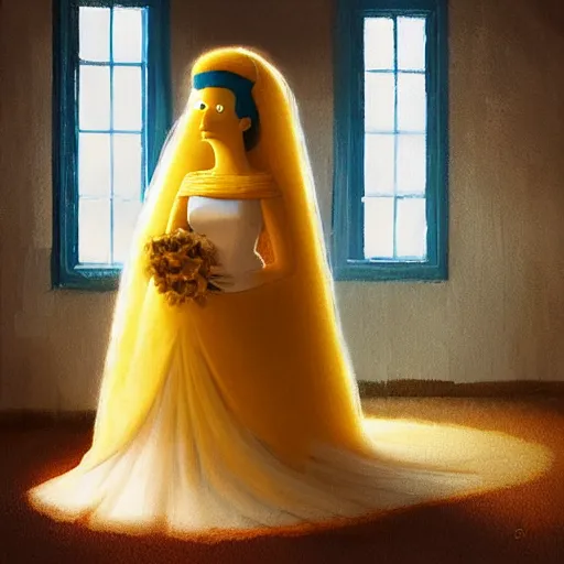 Image similar to Marge Simpson in a wedding dress, house interior, golden hour, by Greg Rutkowski