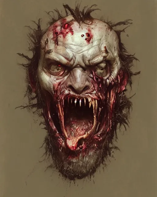 Image similar to hyper realistic photo portrait bearded zombie tongue out cinematic, greg rutkowski, james gurney, mignola, craig mullins, brom
