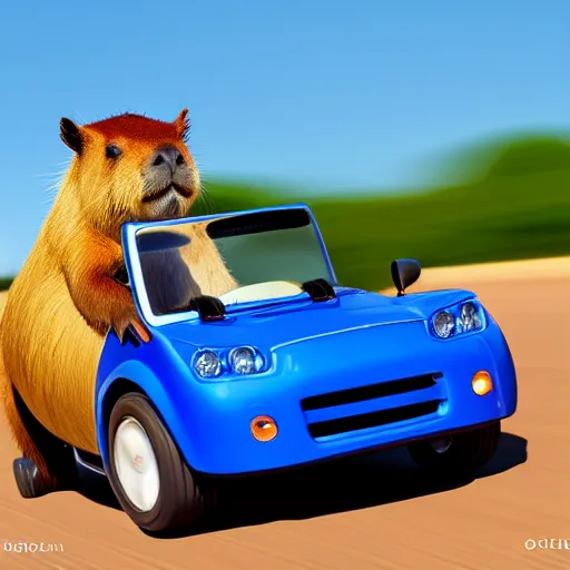 Image similar to A highly detailed photograph of a capybara driving a blue convertible sports car at high speeds