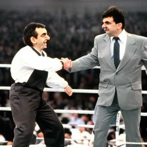 Prompt: 1990 photo of Mr Bean in WWE