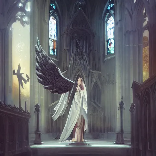 Image similar to angel protecting man who is praying inside a gothic church by Stanley Artgerm Lau, WLOP, Rossdraws, James Jean, Andrei Riabovitchev, Marc Simonetti, Yoshitaka Amano, ArtStation, CGSociety
