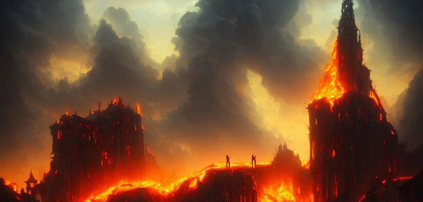 Prompt: a fiery portal is the gateway to hell on the wall city building house, cinematic view, epic sky, detailed, concept art, low angle, high detail, warm lighting, volumetric, godrays, vivid, beautiful, trending on artstation, by jordan grimmer, huge scene, grass, art greg rutkowski