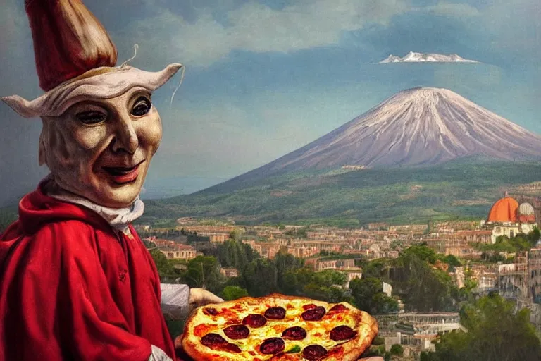 Image similar to a highly detailed pulcinella!!! from naples with pizza!! in the foreground, volcano in the background, full body, wide angle, an ultrafine detailed painting by achille superbi, post - apocalyptic vibe, trending on deviantart, whimsical, lowbrow, coherent, sharp focus, octane, masterpiece