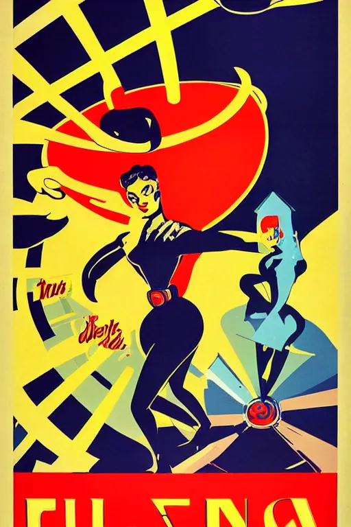 Prompt: poster of the fun, 1 9 5 0 s style, futuristic design, dark, symmetrical, washed out color, centered, art deco, 1 9 5 0's futuristic, glowing highlights, intense