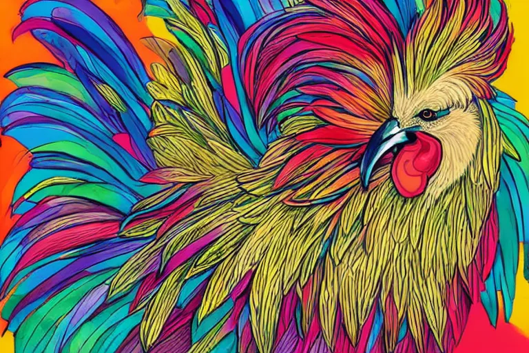 Image similar to illustration of an ominous rooster with feathers of many colors, by feifei ruan and javier medellin puyou and tim lord, lively colors, portrait, sharp focus, colored feathers, jungle