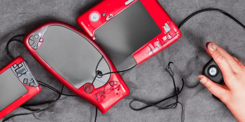 Prompt: heart monitor films on a wide red gameboy handheld console