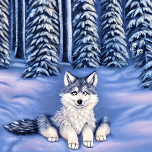 Prompt: cute fluffy wolf cub sitting in snowy winter forest landscape detailed painting 4k