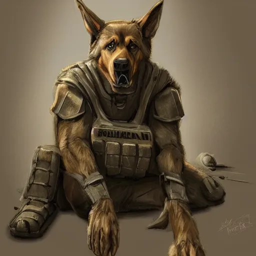 Image similar to a humanoid german shepherd beast - man in military style, sitting on the carpeted floor beside a bed, highly detailed portrait, digital painting, artstation, concept art, smooth, sharp foccus ilustration, artstation