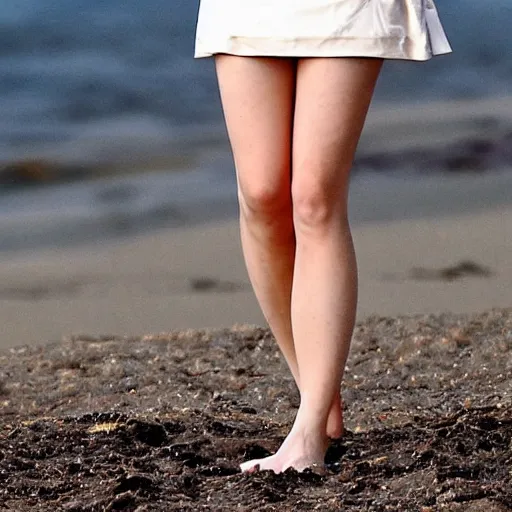 Image similar to photo, close up, emma watson in a mini skirt, on a beach, android cameraphone, 2 6 mm