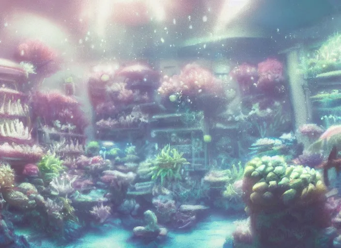 Prompt: placid pastel morning cozy moody cluttered painterly fluffy tiny cramped aquarium store, lots of aquariums, slanted ceiling, tiny space, particulate, trending on pixiv