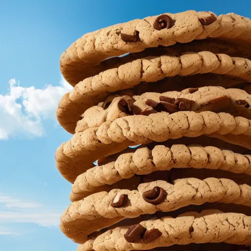 Prompt: a woman climbing spiral stairs that are made of cookies, rising above and over the clouds