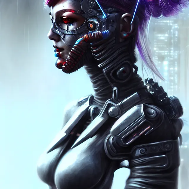 Image similar to cyberpunk female warrior, highly detailed, 8 k, hdr, award - winning, trending on artstation, clayton crain, photorealistic