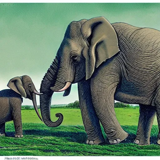 Image similar to an elephant on a green meadow art by Raymond Briggs and Raymond Briggs