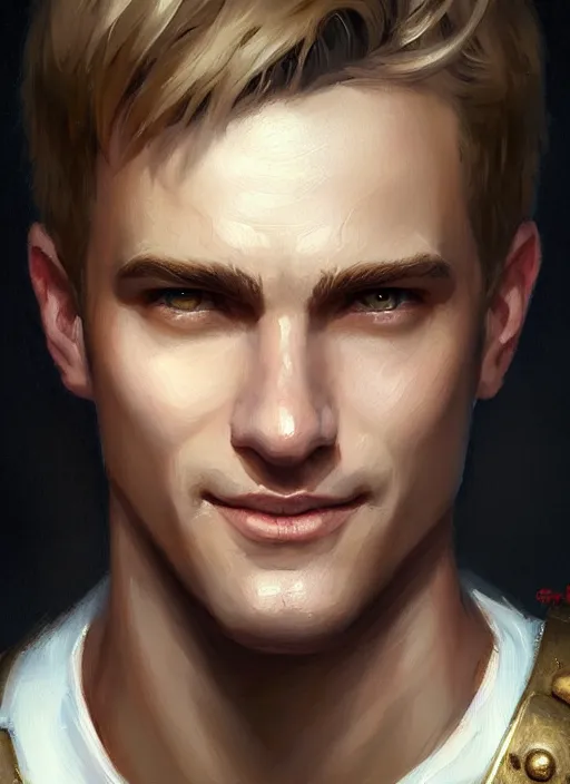 Image similar to a _ fantasy _ style _ portrait _ painting _ of white male short fringe light brown hair short head smiling clean shaven round face rpg dnd oil _ painting _ unreal _ 5 _ daz. _ rpg _ portrait _ extremely _ detailed _ artgerm _ greg _ rutkowski _ greg