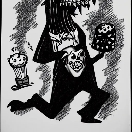 Image similar to a Pop Wonder scary horror themed goofy-hilarious-character-ice-cream-spirit-demon, dime-store-comic drawn with charcoal and pen and ink, half-tone-line-stacking