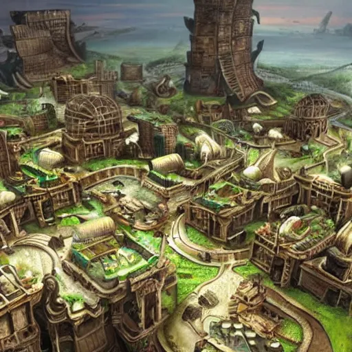 Image similar to fantasy city on a giant tortoise's back while the tortoise walks through a wasteland. The city has streets and markets, Realistic. Hyper detailed.