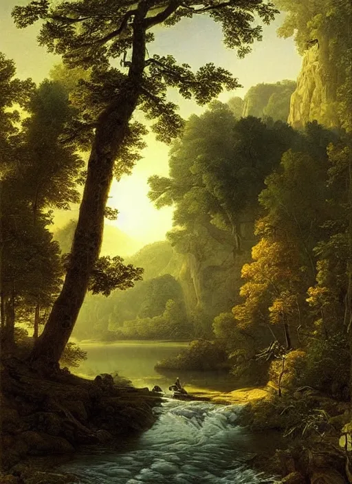 Prompt: the morning river, god light shafts, sunlit spot on rock, stunning atmosphere, nature art by asher brown durand