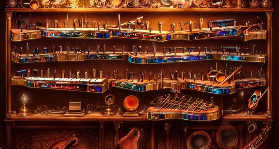 Image similar to a shelf of amazing magical musical instruments, cinematic lighting, detailed, beautiful colors, ornate, by greg rutowski and artgerm 4 k