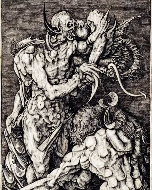 Image similar to devil fights angel, high detail, extremely detailed, very sharp, in the style of albrecht durer,