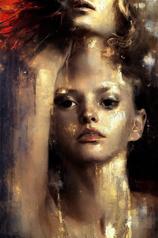 Image similar to portrait of goddess of love hovering, her body obscured by silver clouds, her eyes flaming with gold, her hair flowing and her face stern, by Jeremy Mann, stylized, detailed, loose brush strokes, warm tones, realizing, beautiful face