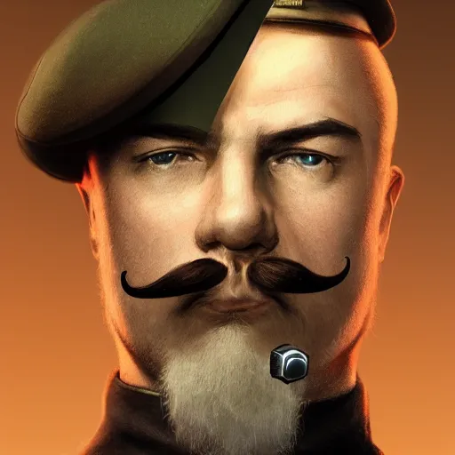 Image similar to character portrait of a russian man in khaki military tunic wearing black hat with black moustache holding a lightsaber, no beard, medium shot, concept art, global illumination, 4 k, hyper detailed, pixar animation style, 8 k, studio light, award winning, by artgerm, sylvain sarrailh, rossdraws, wlop, beautiful!.