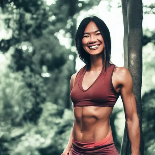 Image similar to beautiful half Vietnamese tanned woman, toned, rock climber, instagram, smiling, fitness wear, portrait, photorealistic