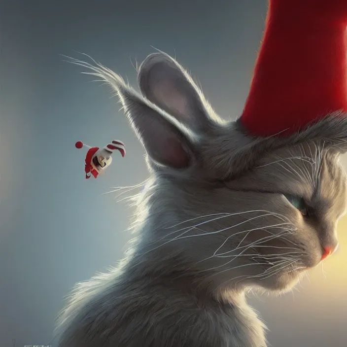 Image similar to complex 3 d render, hyper detailed, ultra sharp, of the cat in the hat, scary, cinematic, natural soft light, rim light, art by greg rutkowski and artgerm and moebius, dr seuss