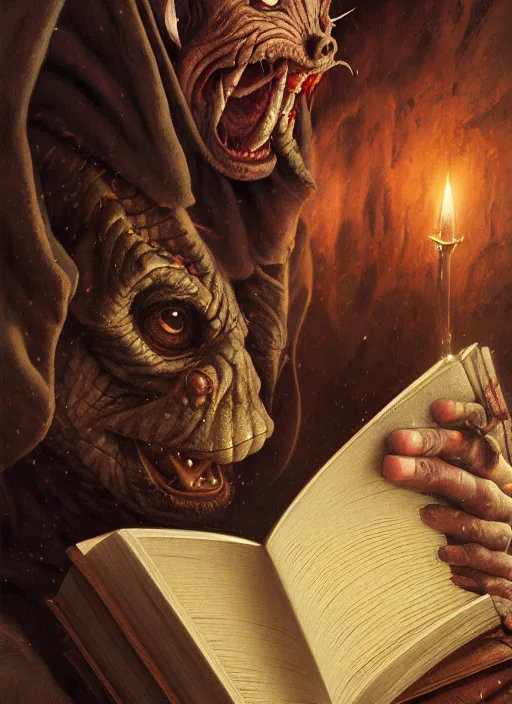 Image similar to highly detailed closeup portrait of a medieval goblin reading a spellbook, stephen bliss, unreal engine, greg rutkowski, ilya kuvshinov, ross draws, hyung tae and frank frazetta, tom bagshaw, tom whalen, nicoletta ceccoli, mark ryden, earl norem, global illumination, god rays, detailed and intricate environment
