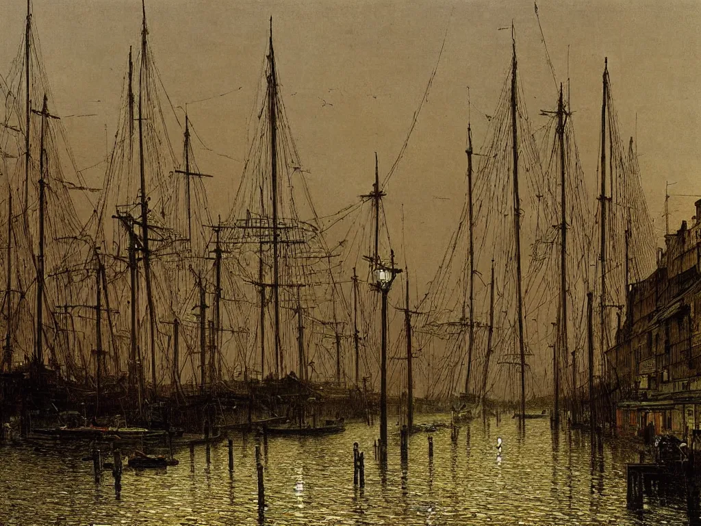 Image similar to docks in an old town by john atkinson grimshaw