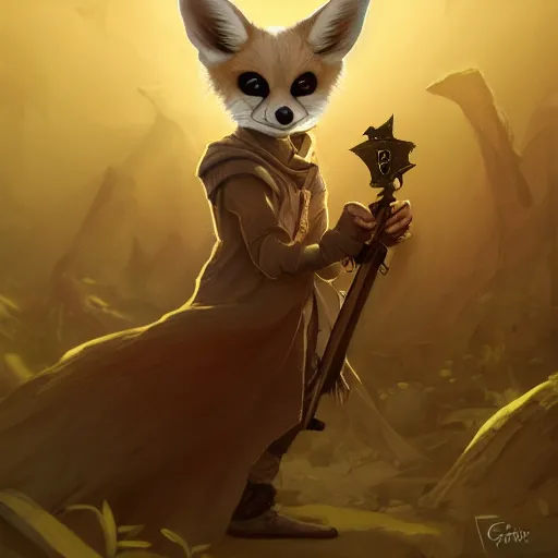 Image similar to Fennec fox scoundrel, hat, magic the gathering artwork, D&D, fantasy, cinematic lighting, centered, symmetrical, highly detailed, digital painting, artstation, concept art, smooth, sharp focus, illustration, volumetric lighting, epic Composition, 8k, art by Akihiko Yoshida and Greg Rutkowski and Craig Mullins, oil painting, cgsociety