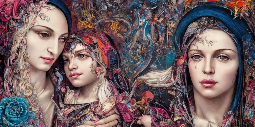 Image similar to portrait of Madonna and Child ,8k,by tristan eaton,Stanley Artgermm,Tom Bagshaw,Greg Rutkowski,Carne Griffiths, Ayami Kojima, Beksinski, Giger,trending on DeviantArt,face enhance,hyper detailed,minimalist,cybernetic, android, blade runner,full of colour, super detailed