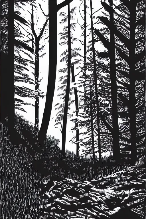 Prompt: art by brian reedy, a beautiful black ink linocut print of a clearing in a forest, 8 k, frostbite 3 engine, cryengine, ground level shot, dof, trending on artstation, digital art, crepuscular ray