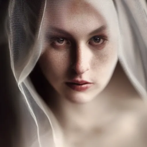 Image similar to portrait of a stunningly beautiful ghostly haunting female with a veil in soft light, depth of field, zeiss lens, detailed, symmetrical, centered, fashion photoshoot, by annie leibovitz and steve mccurry, david lazar, jimmy nelsson, breathtaking, 8 k resolution, extremely detailed, beautiful, establishing shot, artistic, hyperrealistic, beautiful face, octane render