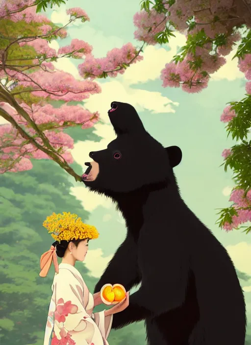 Prompt: painting of a girl wearing a kimono giving a peach to a large anthropomorphic asian black bear, featured in artstation, artgerm, octane render, cinematic, elegant, intricate, 8 k, close up, in the style of studio ghibli and heikala and alphonse mucha,