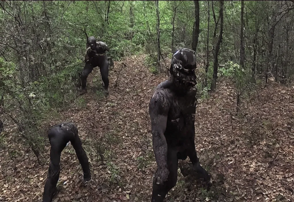 Prompt: trailcam footage of kanye west wendigo transformation, scary, spooky, full body shot