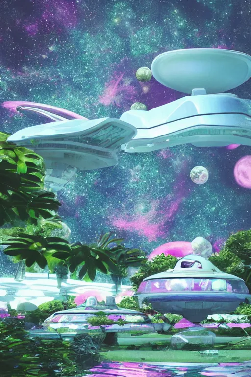 Prompt: multi level botanical garden spaceship floating in space, calm, tranquil, faded effect, detailed, vaporwave colors, render by substance designer