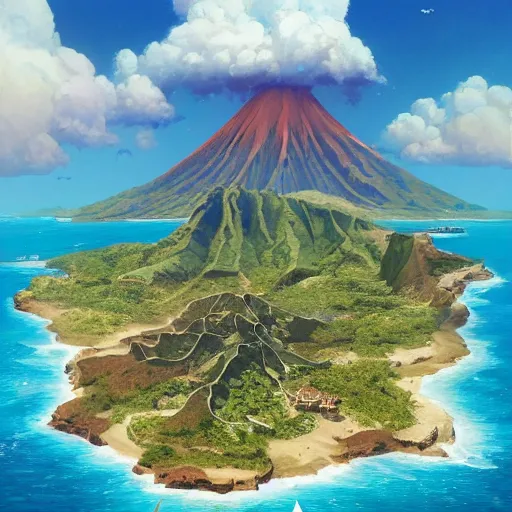 Image similar to a painting a breathtaking aerial view of Hawaiian islands with Pirates, surrounded by palm trees, clouds, flowers, volcano, azure ocean, sunlight glistening, glow, , a detailed matte painting by sylvain sarrailh, Stephan Martinière, by RHADS, Makoto Shinkai, bokeh, Artstation contest winner, fantasy art, concept art, #vfxfriday